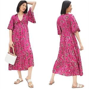 Anthropologie Omika Floral Midi Dress V-neck Short Bell Sleeve Tiered Pink Small